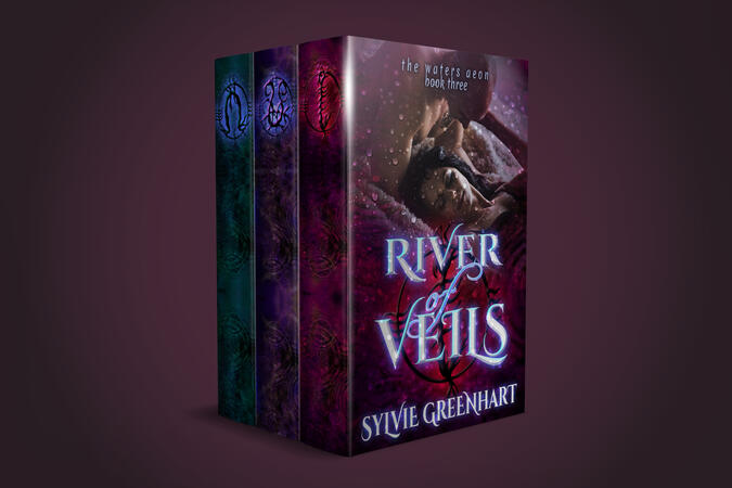 A 3d book mockup of 3 books in the Waters Aeon series by Sylvie Greenhart
